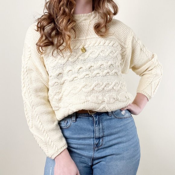 Vintage Parisian Cable Knit Oversized Sweater Chunky Cozy Slouchy Preppy Aran - Picture 3 of 7